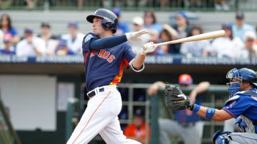 Mar 5, 2016; Kissimmee, FL, USA; Houston Astros shortstop Alex Bregman (82) bats during a spring training baseball game against the New York Mets at Osceola County Stadium. Mandatory Credit: Reinhold Matay-USA TODAY Sports