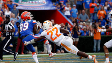 Sep 16, 2017; Gainesville, FL, USA; Florida Gators wide receiver Tyrie Cleveland (89) catches the ball for a touchdown as time expires to win the game as Tennessee Volunteers defensive back Micah Abernathy (22) attempted to defend during the second half at Ben Hill Griffin Stadium. Mandatory Credit: Kim Klement-USA TODAY Sports