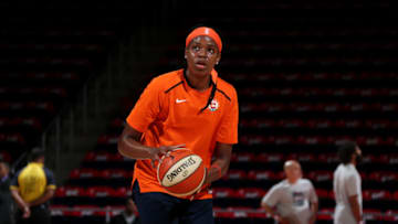 WASHINGTON, DC - SEPTEMBER 29: Jonquel Jones #35 of the Connecticut Sun warms up before Game One of the 2019 WNBA Finals against the Washington Mystics on September 29, 2019 at the St. Elizabeths East Entertainment and Sports Arena in Washington, DC. NOTE TO USER: User expressly acknowledges and agrees that, by downloading and or using this photograph, User is consenting to the terms and conditions of the Getty Images License Agreement. Mandatory Copyright Notice: Copyright 2019 NBAE (Photo by Ned Dishman/NBAE via Getty Images)
