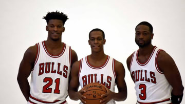 Sep 26, 2016; Chicago, IL, USA; Chicago Bulls guard Jimmy Butler (21) guard Rajon Rondo (9) and guard Dwayne Wade (3) pose for a photo during Bulls media day at The Advocate Center. Mandatory Credit: David Banks-USA TODAY Sports