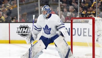 BOSTON, MA - APRIL 23: Toronto Maple Leafs goalie Frederik Andersen (31) gets ready for a shot during Game 7 of the 2019 First Round Stanley Cup Playoffs between the Boston Bruins and the Toronto Maple Leafs on April 23, 2019, at TD Garden in Boston, Massachusetts. (Photo by Fred Kfoury III/Icon Sportswire via Getty Images)