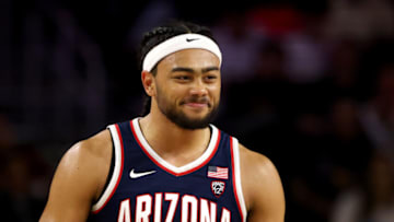 LOS ANGELES, CALIFORNIA - MARCH 02: Kylan Boswell #4 of the Arizona Wildcats reacts to a stop against Boogie Ellis #5 of the USC Trojans during the second half at Galen Center on March 02, 2023 in Los Angeles, California. (Photo by Katelyn Mulcahy/Getty Images)