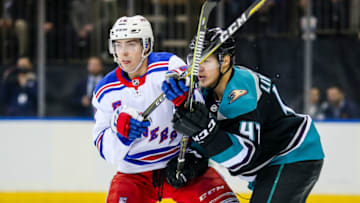 NEW YORK, NY - DECEMBER 18: New York Rangers Winger Filip Chytil (72) tangles with Anaheim Ducks Defenceman Hampus Lindholm (47) during the National Hockey League game between the Anaheim Ducks and the New York Rangers on December 18, 2018 at Madison Square Garden in New York, NY. (Photo by Joshua Sarner/Icon Sportswire via Getty Images)