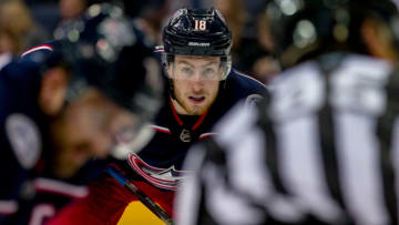COLUMBUS, OH - OCTOBER 27: Columbus Blue Jackets center Pierre-Luc Dubois (18) watches as Columbus Blue Jackets left wing Nick Foligno (left) is about to face-off in the second period of a game between the Columbus Blue Jackets and the Buffalo Sabres on October 27, 2018 at Nationwide Arena in Columbus, OH. (Photo by Adam Lacy/Icon Sportswire via Getty Images)
