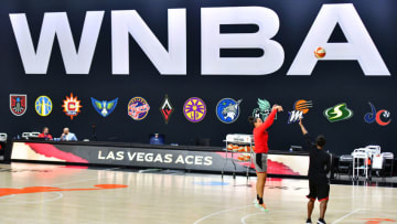 PALMETTO, FLORIDA - SEPTEMBER 22: Kayla McBride #21 of the Las Vegas Aces practices a jump shot before Game 2 of their Third Round WNBA playoffs against the Connecticut Sun at Feld Entertainment Center on September 22, 2020 in Palmetto, Florida. NOTE TO USER: User expressly acknowledges and agrees that, by downloading and or using this photograph, User is consenting to the terms and conditions of the Getty Images License Agreement. (Photo by Julio Aguilar/Getty Images)