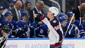 Apr 4, 2023; Toronto, Ontario, CAN; Columbus Blue Jackets forward Jack Roslovic (96) celebrates his goal against the Toronto Maple Leafs during the first period at Scotiabank Arena. Mandatory Credit: John E. Sokolowski-USA TODAY Sports