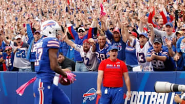 Oct 16, 2016; Orchard Park, NY, USA; Buffalo Bills fans celebrate as wide receiver Justin Hunter (17) scores a touchdown during the game against the San Francisco 49ers at New Era Field. Mandatory Credit: Kevin Hoffman-USA TODAY Sports