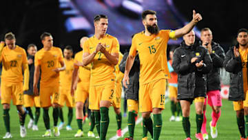 ADELAIDE, AUSTRALIA - JUNE 08: Milos Degenek and Mile Jedinak of Australia applaude the crowd after the 2018 FIFA World Cup Qualifier match between the Australian Socceroos and Saudi Arabia at the Adelaide Oval on June 8, 2017 in Adelaide, Australia. (Photo by Daniel Kalisz/Getty Images)