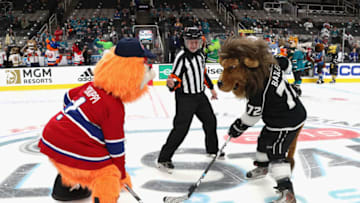 SAN JOSE, CA - JANUARY 26: Youppi of the Montreal Canadiens and Bailey of the Los Angeles Kings face-off during the 2019 NHL All-Star Mascot Showdown at the SAP Center on January 24, 2019 in San Jose, California. (Photo by Dave Sandford/NHLI via Getty Images)