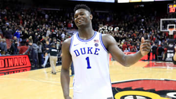 LOUISVILLE, KENTUCKY - FEBRUARY 12: Zion Williamson #1 of the Duke Blue Devils celebrates after the 71-69 win over the Louisville Cardinals at KFC YUM! Center on February 12, 2019 in Louisville, Kentucky. (Photo by Andy Lyons/Getty Images)