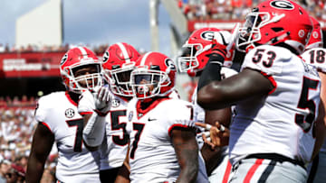 COLUMBIA, SC - SEPTEMBER 08: D'Andre Swift #7 of the Georgia Bulldogs celebrates with teammates after scoring a touchdown against the South Carolina Gamecocks during their game at Williams-Brice Stadium on September 8, 2018 in Columbia, South Carolina. (Photo by Streeter Lecka/Getty Images)