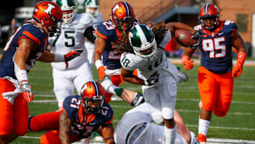 CHAMPAIGN, IL - NOVEMBER 05: Felton Davis III #18 of the Michigan State Spartans runs the ball during the game against the Illinois Fighting Illini at Memorial Stadium on November 5, 2016 in Champaign, Illinois. Illinois defeated Michigan State 31-27. (Photo by Michael Hickey/Getty Images)