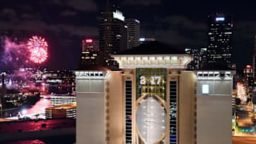 Jan 7, 2017; Tampa, FL, USA; Fireworks explode over the Hillsborough River in downtown Tampa during the 2017 CFP Championship week. The game against the Alabama Crimson Tide and the Clemson Tigers will be played on Monday Jan. 9th at Raymond James Stadium.Mandatory Credit: John David Mercer-USA TODAY Sports
