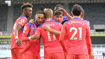 NEWCASTLE UPON TYNE, ENGLAND - NOVEMBER 21: Tammy Abraham of Chelsea celebrates scoring Chelseas second goal during the Premier League match between Newcastle United and Chelsea at St. James Park on November 21, 2020 in Newcastle upon Tyne, United Kingdom. Sporting stadiums around the UK remain under strict restrictions due to the Coronavirus Pandemic as Government social distancing laws prohibit fans inside venues resulting in games being played behind closed doors. (Photo by MB Media/Getty Images)