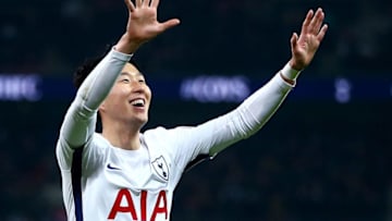 LONDON, ENGLAND - JANUARY 13: Heung-Min Son of Tottenham Hotspur celebrates after scoring his sides first goal during the Premier League match between Tottenham Hotspur and Everton at Wembley Stadium on January 13, 2018 in London, England. (Photo by Jordan Mansfield/Getty Images)