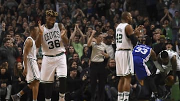 Jan 6, 2017; Boston, MA, USA; Boston Celtics guard Marcus Smart (36) reacts during the second half against the Philadelphia 76ers at TD Garden. Mandatory Credit: Bob DeChiara-USA TODAY Sports