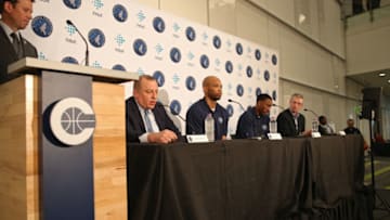 MINNEAPOLIS, MN - JULY 10: Free Agent signees Jeff Teague and Taj Gibson of the MInnesota Timberwolves are introduced to the media by Tom Thibodeau, President of Basketball Operations and Head Coach and Scott Layden, General Manager, on July 10, 2017 at the Minnesota Timberwolves and Lynx Courts at Mayo Clinic Square in Minneapolis, Minnesota. NOTE TO USER: User expressly acknowledges and agrees that, by downloading and or using this Photograph, user is consenting to the terms and conditions of the Getty Images License Agreement. Mandatory Copyright Notice: Copyright 2017 NBAE (Photo by David Sherman/NBAE via Getty Images)