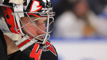 Dec 13, 2022; Buffalo, New York, USA; Buffalo Sabres goaltender Craig Anderson (41) looks for the puck during the first period against the Los Angeles Kings at KeyBank Center. Mandatory Credit: Timothy T. Ludwig-USA TODAY Sports