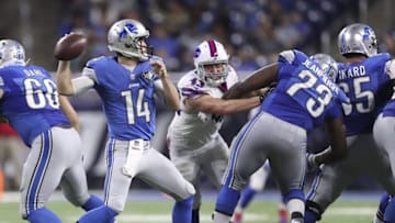 Sep 1, 2016; Detroit, MI, USA; Detroit Lions quarterback Jake Rudock (14) throws the ball during the second quarter against the Buffalo Bills at Ford Field. Mandatory Credit: Raj Mehta-USA TODAY Sports