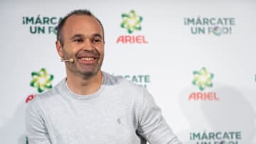 BARCELONA, SPAIN - DECEMBER 11: Andres Iniesta speaks during the presentation of Ariel Power Pods on December 11, 2018 in Barcelona, Spain. (Photo by Jordi Vidal/WireImage)