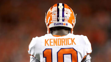 SANTA CLARA, CA - JANUARY 07: Derion Kendrick #10 of the Clemson Tigers is seen with writing on his arm tape in the CFP National Championship against the Alabama Crimson Tide presented by AT&T at Levi's Stadium on January 7, 2019 in Santa Clara, California. (Photo by Christian Petersen/Getty Images)