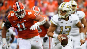 Georgia Tech freshman Jordan Yates (13) is pressured by Clemson defensive lineman Bryan Bresee (11) during their game against Georgia Tech at Memorial Stadium Saturday, Sept. 18, 2021.Jm Clemson 091821 011