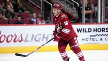 Sep 22, 2014; Glendale, AZ, USA; Arizona Coyotes center Max Domi (16) looks on during the third period against the Los Angeles Kings at Gila River Arena. Mandatory Credit: Matt Kartozian-USA TODAY Sports