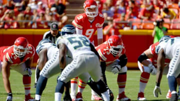 Aug 13, 2016; Kansas City, MO, USA; Kansas City Chiefs quarterback Tyler Bray (9) goes under center during the first half against the Seattle Seahawks at Arrowhead Stadium. Mandatory Credit: Denny Medley-USA TODAY Sports