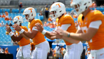 CHARLOTTE, NC - SEPTEMBER 01: Jarrett Guarantano #2 of the Tennessee Volunteers warms up before their game against the West Virginia Mountaineers at Bank of America Stadium on September 1, 2018 in Charlotte, North Carolina. (Photo by Streeter Lecka/Getty Images)