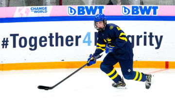 BASEL, SWITZERLAND - APRIL 30: Axel Sandin Pellikka of Sweden in action during final of U18 Ice Hockey World Championship match between United States and Sweden at St. Jakob-Park at St. Jakob-Park on April 30, 2023 in Basel, Switzerland. (Photo by Jari Pestelacci/Eurasia Sport Images/Getty Images)