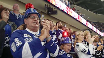 May 20, 2016; Tampa, FL, USA; Tampa Bay Lightning fans celebrate a goal during the second period in game four of the Eastern Conference Final of the 2016 Stanley Cup Playoffs against the Pittsburgh Penguins at Amalie Arena. The Lightning won 4-3. Mandatory Credit: Reinhold Matay-USA TODAY Sports