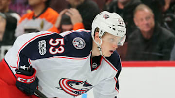 PHILADELPHIA, PA - APRIL 08: Gabriel Carlsson #53 of the Columbus Blue Jackets looks on against the Philadelphia Flyers on April 8, 2017 at the Wells Fargo Center in Philadelphia, Pennsylvania. (Photo by Len Redkoles/NHLI via Getty Images)