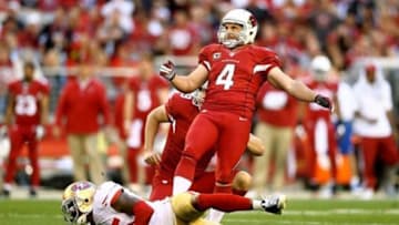 Dec 29, 2013; Phoenix, AZ, USA; Arizona Cardinals kicker Jay Feely (4) against the San Francisco 49ers at University of Phoenix Stadium. Mandatory Credit: Mark J. Rebilas-USA TODAY Sports