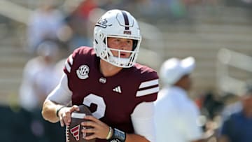 STARKVILLE, MISSISSIPPI - SEPTEMBER 16: Will Rogers #2 of the Mississippi State Bulldogs warms up before the game against the LSU Tigers at Davis Wade Stadium on September 16, 2023 in Starkville, Mississippi. (Photo by Justin Ford/Getty Images)