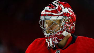 RALEIGH, NC - OCTOBER 26: Frederik Andersen #31 of the Carolina Hurricanes warms up before action against the Seattle Kraken at PNC Arena on October 26, 2023 in Raleigh, North Carolina. (Photo by Jaylynn Nash/Getty Images)