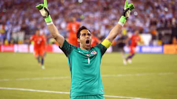 Jun 26, 2016; East Rutherford, NJ, USA; Chile goalkeeper Claudio Bravo (1) reacts after defeating Argentina during the championship match of the 2016 Copa America Centenario soccer tournament at MetLife Stadium. Chile defeated Argentina 0-0 (4-2). Mandatory Credit: Brad Penner-USA TODAY Sports
