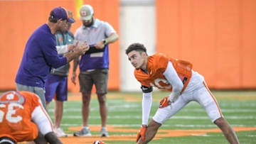 Clemson head coach Dabo Swinney talks with cornerback Jeadyn Lukus (10) during Spring practice in Clemson, S.C. Monday, March 7, 2022.Clemson Spring Football Practice March 7