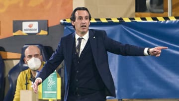 VILLARREAL, SPAIN - APRIL 29: Head coach Unai Emery of Villarreal CF reacts during the UEFA Europa League Semi-final First Leg match between Villareal CF and Arsenal at Estadio de la Ceramica on April 29, 2021 in Villarreal, Spain. Sporting stadiums around Europe remain under strict restrictions due to the Coronavirus Pandemic as Government social distancing laws prohibit fans inside venues resulting in games being played behind closed doors. (Photo by Manuel Queimadelos/Quality Sport Images/Getty Images)