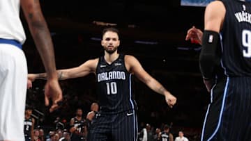 NEW YORK, NY - DECEMBER 3: Evan Fournier #10 of the Orlando Magic reacts after shooting a free throw during the game against the New York Knicks on December 3, 2017 at Madison Square Garden in New York, New York. NOTE TO USER: User expressly acknowledges and agrees that, by downloading and or using this Photograph, user is consenting to the terms and conditions of the Getty Images License Agreement. Mandatory Copyright Notice: Copyright 2017 NBAE (Photo by Nathaniel S. Butler/NBAE via Getty Images)