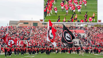 Nov 6, 2021; Athens, Georgia, USA; The Georgia Bulldogs run out for the start of the game against the Missouri Tigers at Sanford Stadium. Mandatory Credit: Dale Zanine-USA TODAY Sports