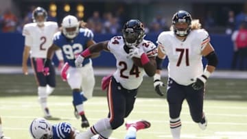 Oct 9, 2016; Indianapolis, IN, USA; Chicago Bears running back Jordan Howard (24) runs with the ball against the Indianapolis Colts at Lucas Oil Stadium. Mandatory Credit: Brian Spurlock-USA TODAY Sports