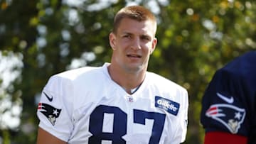 Jul 28, 2016; Foxboro, MA, USA; New England Patriots tight end Rob Gronkowski (87) takes the field for training camp at Gillette Stadium. Mandatory Credit: Winslow Townson-USA TODAY Sports