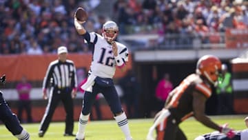 Oct 9, 2016; Cleveland, OH, USA; New England Patriots quarterback Tom Brady (12) throws a pass during the first quarter against the Cleveland Browns at FirstEnergy Stadium. Mandatory Credit: Scott R. Galvin-USA TODAY Sports