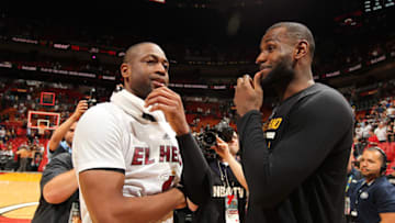 MIAMI, FL - MARCH 19: Dwyane Wade #3 of the Miami Heat and LeBron James #23 of the Cleveland Cavaliers are seen after the game on March 19, 2016 at AmericanAirlines Arena in Miami, Florida. NOTE TO USER: User expressly acknowledges and agrees that, by downloading and or using this Photograph, user is consenting to the terms and conditions of the Getty Images License Agreement. Mandatory Copyright Notice: Copyright 2015 NBAE (Photo by Issac Baldizon/NBAE via Getty Images)
