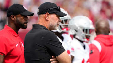 Sep 2, 2023; Bloomington, Indiana, USA; Ohio State Buckeyes defensive coordinator Jim Knowles watches warm ups prior to the NCAA football game at Indiana University Memorial Stadium. Ohio State won 23-3.