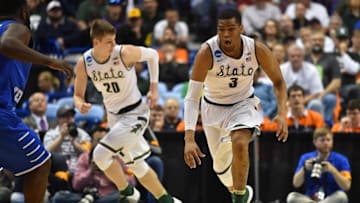 Mar 18, 2016; St. Louis, MO, USA; Michigan State Spartans guard Alvin Ellis III (3) dribbles the ball during the first half of the first round against the Middle Tennessee Blue Raiders in the 2016 NCAA Tournament at Scottrade Center. Mandatory Credit: Jasen Vinlove-USA TODAY Sports