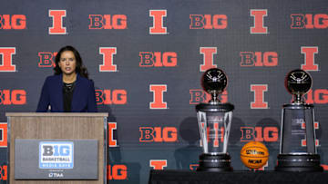 Oct 9, 2023; Minneapolis, MN, USA; Illinois Fighting Illini head coach Shauna Green speaks to the media at the Big Ten Basketball Media Days at Target Center. Mandatory Credit: Matt Krohn-USA TODAY Sports