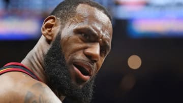 CLEVELAND, OH - JUNE 06: LeBron James #23 of the Cleveland Cavaliers reacts against the Golden State Warriors during Game Three of the 2018 NBA Finals at Quicken Loans Arena on June 6, 2018 in Cleveland, Ohio. NOTE TO USER: User expressly acknowledges and agrees that, by downloading and or using this photograph, User is consenting to the terms and conditions of the Getty Images License Agreement. (Photo by Gregory Shamus/Getty Images)