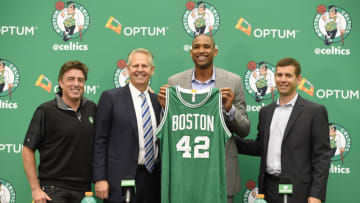BOSTON, MA - JULY 8: (L-R) Wycliff Grousbeck, Danny Ainge and Brad Stevens welcome Al Horford, center, as the newest member of the Boston Celtics on July 8, 2016 at the Boston Celtics Practice Facility in Waltham, Massachusetts. NOTE TO USER: User expressly acknowledges and agrees that, by downloading and or using this photograph, User is consenting to the terms and conditions of the Getty Images License Agreement. Mandatory Copyright Notice: Copyright 2016 NBAE (Photo by Brian Babineau/NBAE via Getty Images)