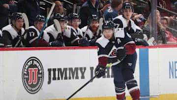 DENVER, COLORADO - JANUARY 18: Erik Johnson #6 of the Colorado Avalanche looks to pass the puck against the St Louis Blues at Pepsi Center on January 18, 2020 in Denver, Colorado. The Avalanche defeated the Blues 5-3. (Photo by Michael Martin/NHLI via Getty Images)